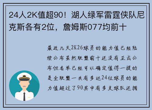 24人2K值超90！湖人绿军雷霆侠队尼克斯各有2位，詹姆斯077均前十